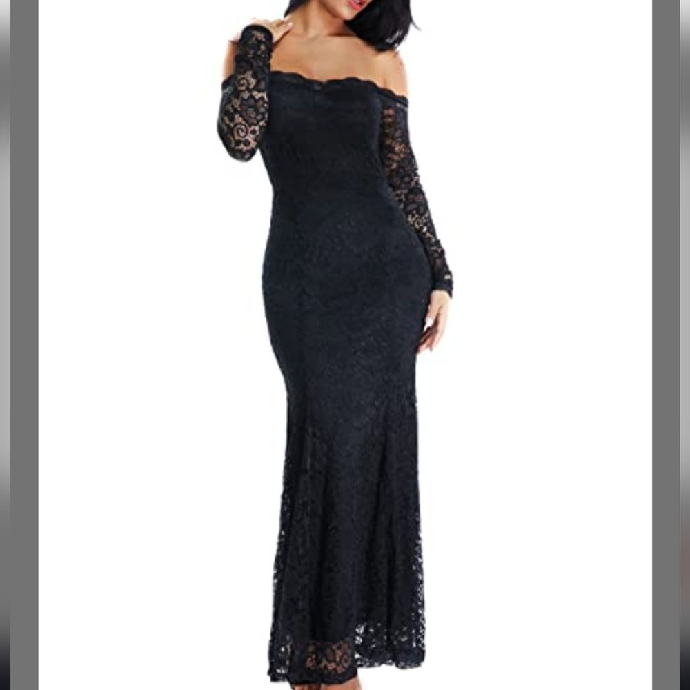 Black Long Sleeve lace Gown With Slit